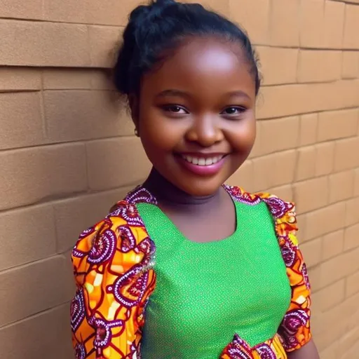 Prompt: Cute chubby caramel coloured 10 year old smiling princess with ankara peplum dress