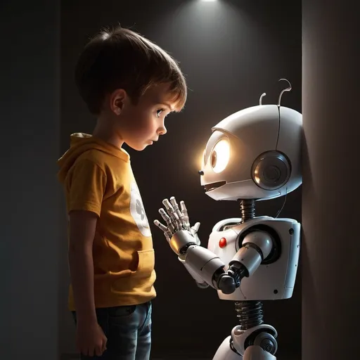 Prompt: a little person, boy and a robot are standing facing each other  in a dark room with a light on their face and hands, photo realistic render, style of Looney Toons