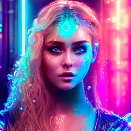 Prompt: The Beautiful Goddess Aphrodite Looking Sensually, Wet Hair, Mid Body, Waterdrops On Skin, 8k resolution, cyberpunk, The highest picture quality, masterpiece, exquisite CG, a sensual bishoujo, {{color}}, night, glowing neon lights lights, wearing PVC holographic incise bucket and streetwear, jewel like exquisite and transparent eyes, lifelike and delicate facial features and face shapes, long hair with shoulder length, bleached hair, soft gray hair, soft orange hair, glowing hair, science fiction elements, tall and tall, Sensual figure, peerless beauty, dreamlike, stunning, shining, dynamic details, dynamic blur, gorgeous light and shadow, dynamic light, soft focus, real shadow, light spot, 8K HD, extreme light effect, background, future city elements, holographic projection, LED lights