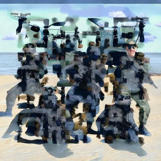 Prompt: 10 NAVY SEAL special operators from which one is a badger humanoid, there is a exfiltration helicopter on the background and an island burning