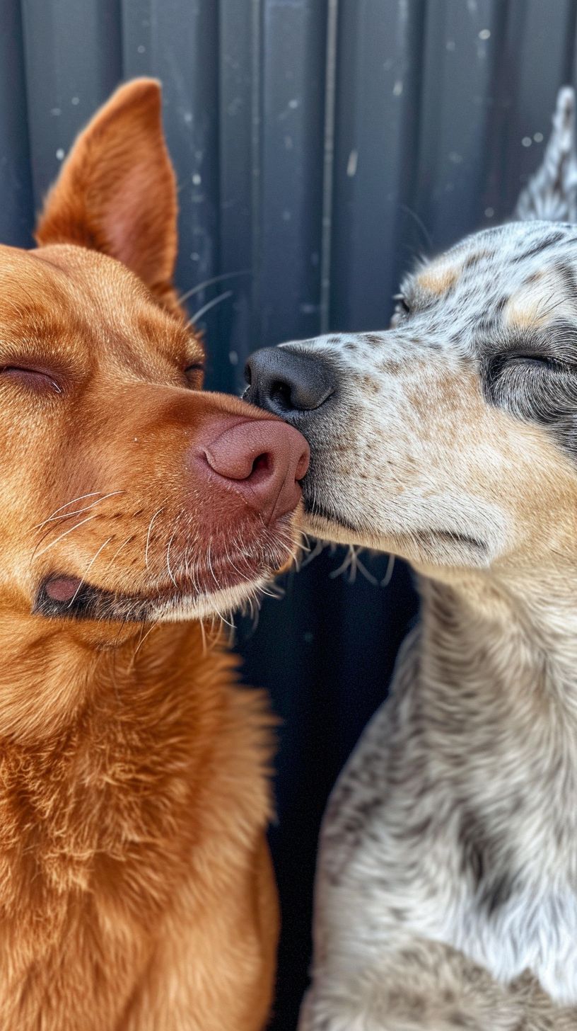 Prompt: Bingo a red heeler and Bandit a blue heeler from the show Bluey, rubbing noses together being cute, in the style of the hit TV show Bluey, --ar 9:16 --v 6.0