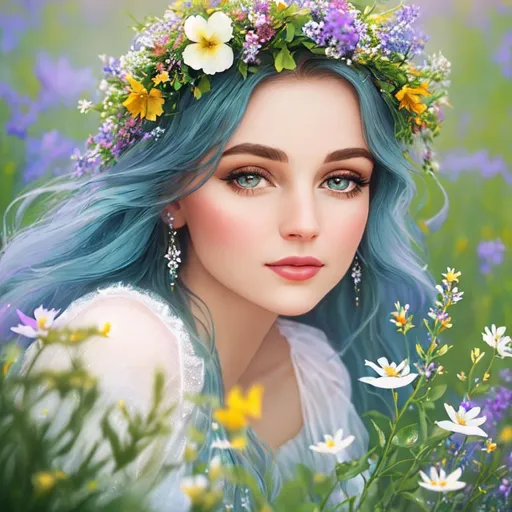 Prompt: Anne Bolelyn as a fairy goddess, ethereal beauty, soft light,surrounded by wildflowers, closeup
