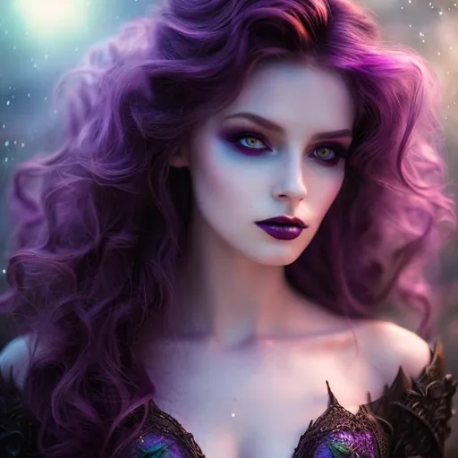 Prompt: HD, 4K, 3D, Stunning, magic, cinematic camera, gothic beauty, ethereal,fairy queen,gothic enchanted, light contrast, long, curly redhead hair, lovely, romantic, tender, purple light, purple and green sunstrails, moon glow, perfect female beauty, intricate, pale traslucent skin, golden ratio, look in camera, gorgeous sinuous body, female body,gorgeous eyes