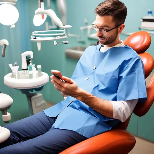 Prompt: man checking his phone while lying on a dentist chair