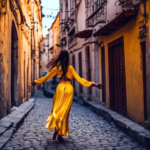 Prompt: serbian dancing lady t pose intense with knife full body color of clothes yellow ish charecter in the streets of serbian nighttime alleyway scary eerie turned back dancing night time