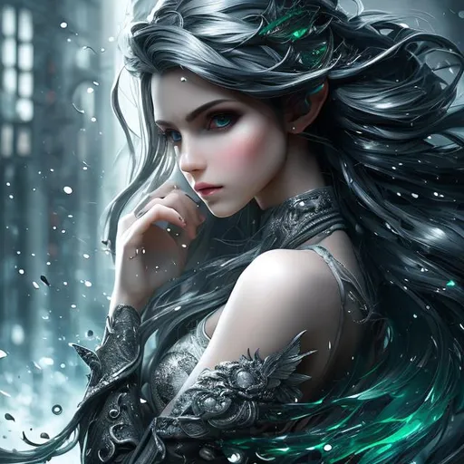 Prompt: unreal engine, hyper detailed girl, full body,  elf woman 30 years old,  semi-monochrome, 1 lean skinny beautiful girl, beautiful detailed hair, big green eyes, 3D illustration, professional work,  centered, long messy silver hair, 8k resolution, deviantart masterpiece, oil painting, heavy strokes, paint dripping, splash arts, ultra details, splash style of dark fractal paint, contour, hyperdetailed intricately detailed , fantastical, intricate detail, splash screen, ultra details, elfen ears, bloody armour, hyperdetailed intricately detailed