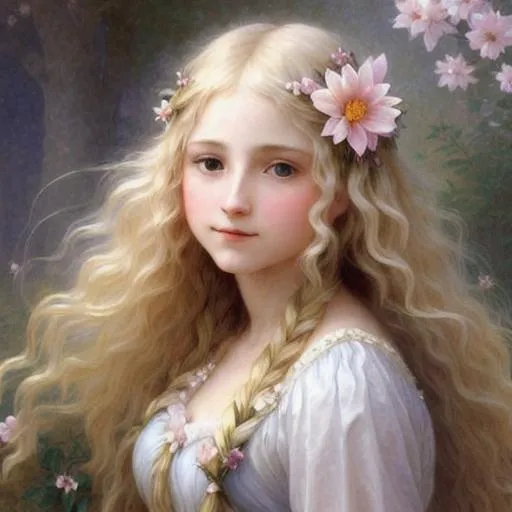 Prompt: Digital art painting of a ethereal, beautiful, fanciful, magical flower fairy with lovely, soft, long blonde hair  very ultra detailed in the style of Bouguereau,facial closeup