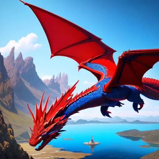 Prompt: a red and blue dragon from the future flying over a lake, perfect composition, hyperrealistic, super detailed, 8k, high quality, trending art, trending on artstation, sharp focus, studio photo, intricate details, highly detailed, by greg rutkowski, illustration, watercolor