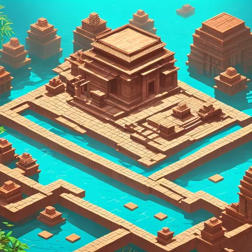 Prompt: Illustration of a temple with light brown bricks and some water flows, soft light, isometric view, vibrant colors
