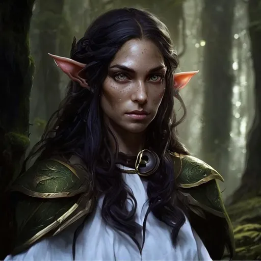 Prompt: a portrait of a female forest elven ranger, powerful woman, with tan skin, with long hair, dark ambient, beautiful elf, d&d fantasy, ambient light, highly detailed, black and yellow scheme, art by artgem and greg rutkowski