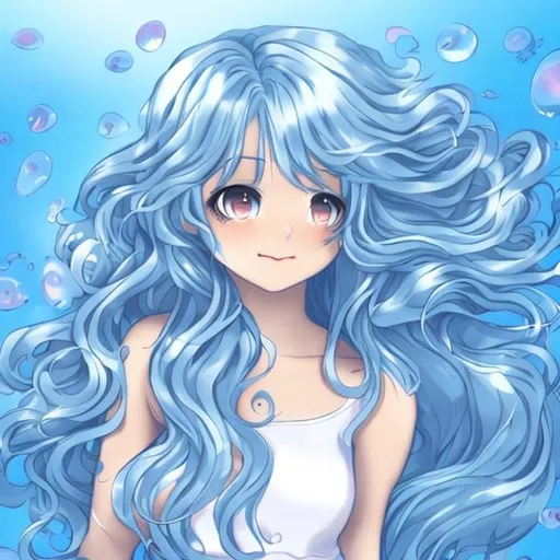 Prompt: cute anime girl with  long wavy blue hair