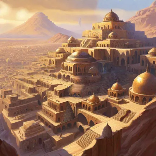 Prompt: A vast middle eastern scifi city with a great ziggurat in background. D&D art, RPG art. Fantasy Art. Pathfinder Art