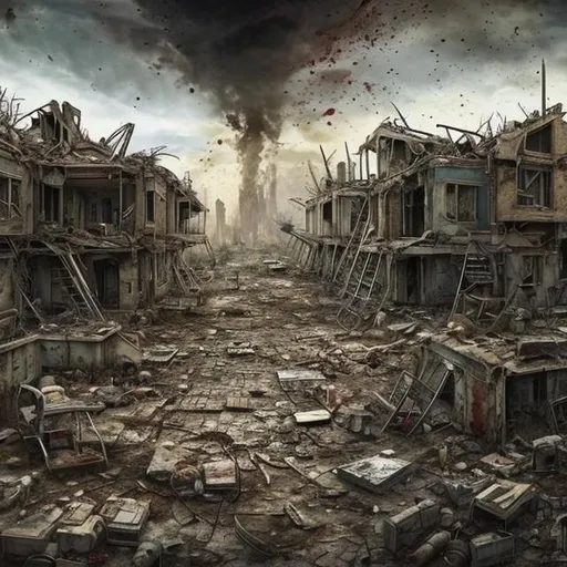 Prompt: a post-apocalyptic homes after earthquake un in hands, stand back, blood, war, emotion: sad, painting, art
