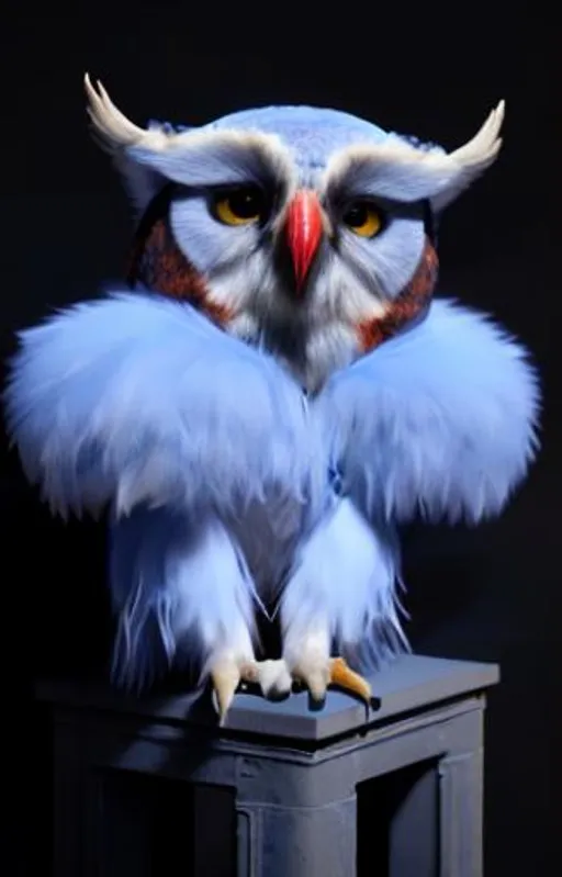 Prompt: Blue Owl Mascot leaning on a wall, mascot costume, 3D character, chunky thick feathers, not fluffy, highly detailed, hyperrealistic, trending on artstation, 8K