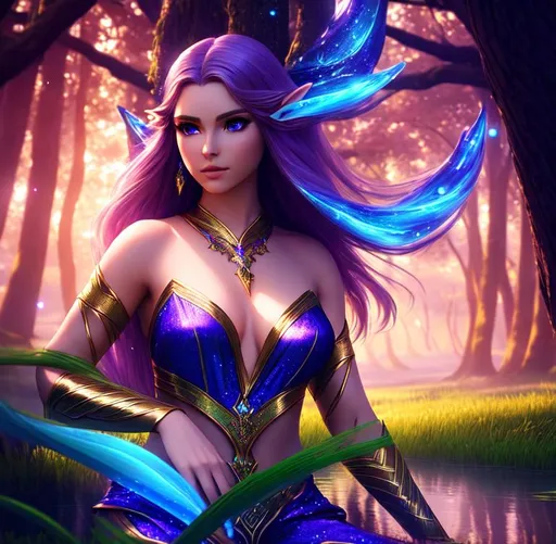 Prompt: 3D HD dramatic cinematic lighting [({one}{Goddess}Elf) wearing  {(liquid)grass}silk], expansive magical forest tree sparkles background, hyper realistic, 8K --s98500