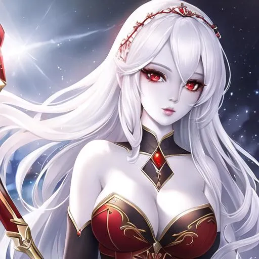 Prompt: one realistic beautiful drow with pale skin, red eyes and white hair, holding bow, extra detailed, busty
A ranger from D&D universe