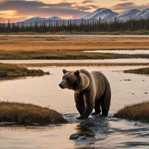 Prompt: A Bear from behind standing in a shallow River whit a mountain in the background and trees from the tundra on the side.sunset.
