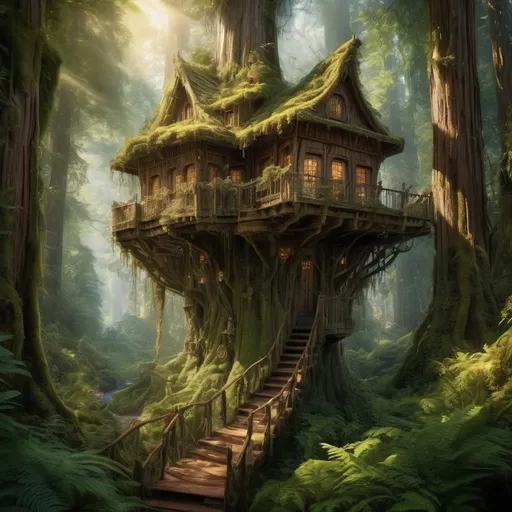 Prompt: ancient Redwood forest, (massive treehouse city), high up in the trees, vibrant green canopy, dappled sunlight filtering through leaves, enchanting atmosphere, whimsical architecture blending with nature, intricate wooden structures, lush ferns and moss covering the ground, mysterious and serene ambiance, (fantastical), ultra-detailed, mesmerizing scene, inviting exploration and adventure.