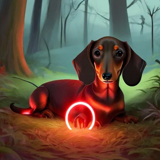 Prompt: A dachshund lying on is back looking at the viewer with a red glowing sword in its mouth in the woods at night ((very detailed))