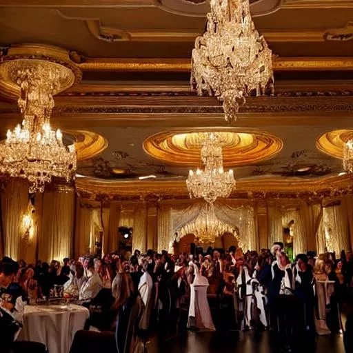 Prompt: a European ballroom with elegantly dressed people dancing a waltz.