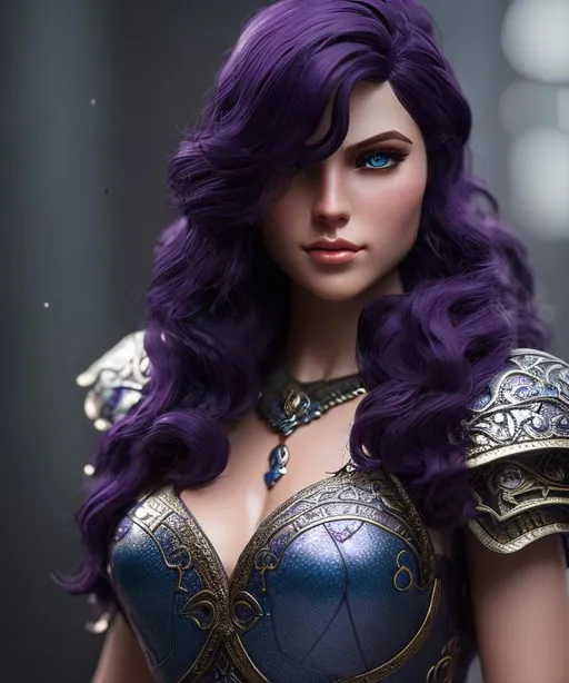 Prompt: she has dark purple hair, create most beautiful fictional female viking warrior, dark purple hair, light blue eyes, extremely detailed environment, detailed background, intricate, detailed skin, professionally color graded, photorealism, 8k, moody lighting