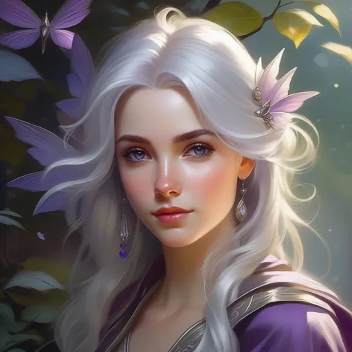 Prompt: Third person, gameplay, fairy girl, pale skin, silver hair, freckles, dark violet eyes, fantasy, silver atmosphere, cartoony style, extremely detailed painting by Greg Rutkowski and by Henry Justice Ford and by Steve Henderson 