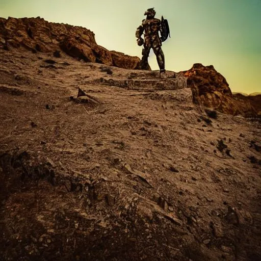 Prompt: Spartan III standing on a mountainside in the desert with a green sky.  