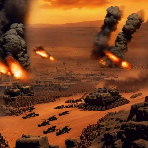 Prompt: Battle of Armageddon, mechanized armies fighting in 3 d IMAX