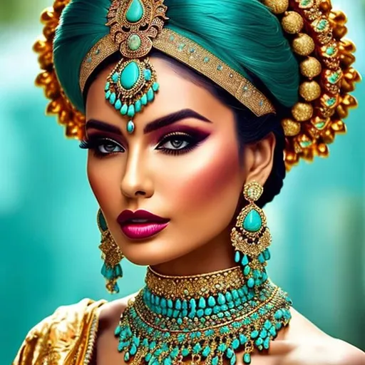 Prompt: An extremely gorgeous woman,  with top knots full of turquoise jewels, in color scheme of turquoise and gold