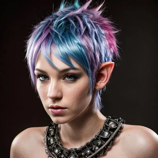 Prompt: D&D punk, small elf ears. colored hair, hyper realism. spotlight. soft colors. super detailed. HD image. 8k. intricate. wide angle full body view