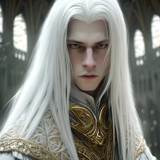 Prompt: Cinematic, 8K HD 3D portrait of beautiful albino male, portrait of noble strong wizard, pale beautiful face, grey stunning eyes, extra long white straight hair, elegant green wizard clothes, intricate, detailed, charming male, light contrast, noble, perfect anatomy, gothic dark room ambient, perfect male beauty, golden ratio