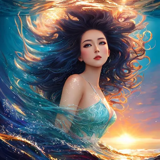 Prompt: Digital style painting, a beautiful woman, swimming, deep ocean, sun beams, long curly flowing hair, seaweed, filigree decoration, backlit, sparkles