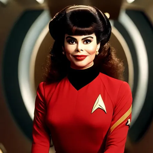 Prompt: A portrait of Charo, wearing a Starfleet uniform, in the style of "Star Trek the Next Generation."