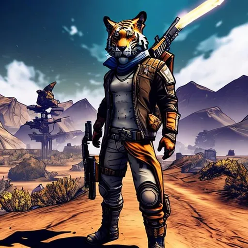 Prompt: Borderlands art style, cell shading, post-apocalyptic landscape, high quality, tiger-man bandit with a gun on his back