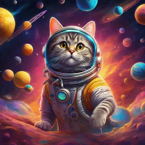 Prompt: Psychedelic concept art of Ricky a gray cat in a space suit with Floating through empty space chasing butter. Exquisite Detail Everything is perfectly to scale, HD, UHD, 8k Resolution, Vibrant Colorful Award winning Image 