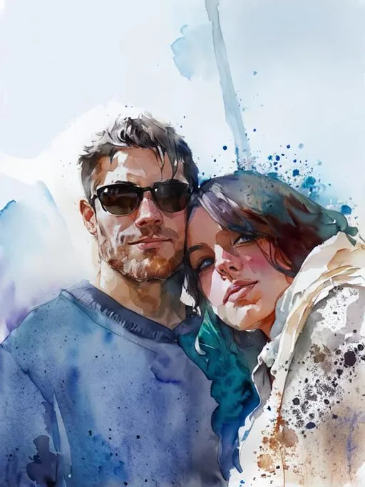 Prompt: Couple watercolor abstract portrait. They are gazing at each other lovingly. The woman has teal hair and the man has a short beard. They are under the st. Loius arch.