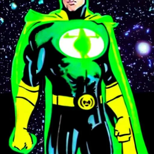 Prompt: Hal Jordan Ryan Reynolds Inspired, Green-Glowing-Cape floating in deep outer-space 