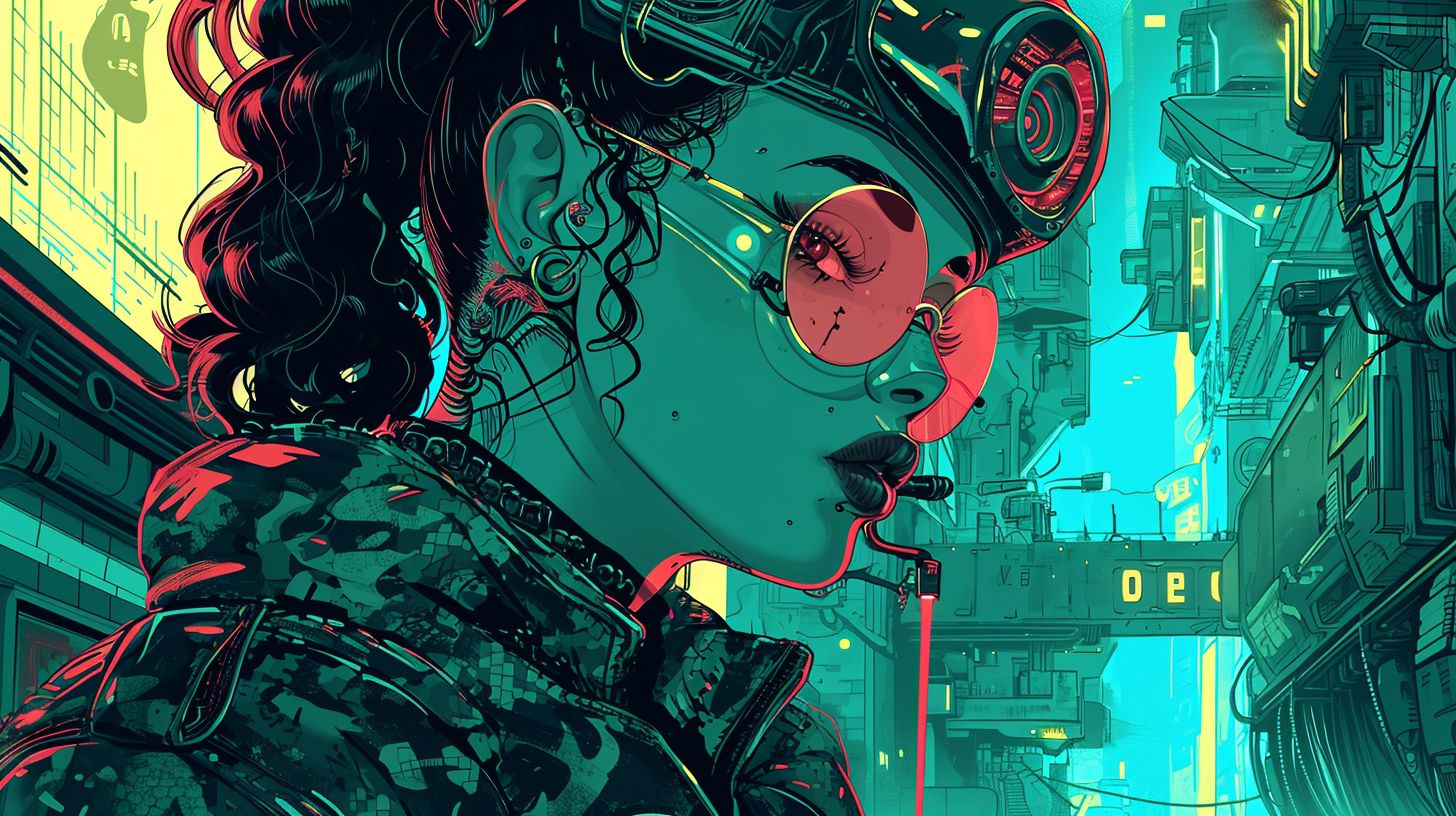 Prompt: rap star katia hua digital artist, in the style of retro-futurism, close-up, dark turquoise and light bronze, 32k uhd, hyper-detailed illustrations, cybergoth, dynamic color schemes --ar 16:9 --v 6
