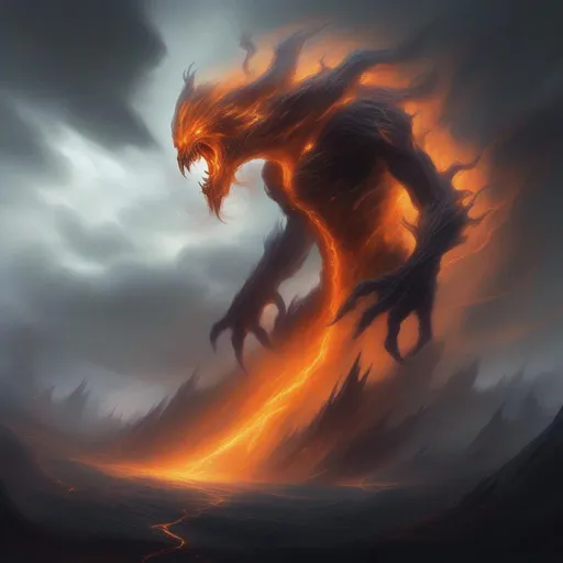 Prompt: a gigantic chaos calamity monster made from wisps of darkness and you could see the orange energy under. It stands tall and slender high above the earth, its power greatest of its kind. A god of chaos