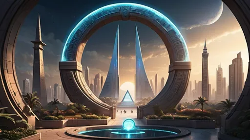 Prompt: magical portal between cities realms worlds kingdoms, circular portal, ring standing on edge, upright ring, freestanding ring, hieroglyphs on ring, complete ring, obelisks, egyptian architecture, gardens, hotels, office buildings, shopping malls, large wide-open city plaza, panoramic view, night sky, futuristic cyberpunk dystopian setting