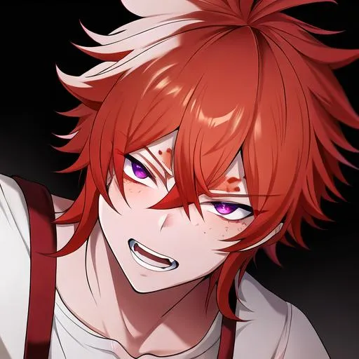 Prompt: Erikku male adult (short ginger hair, freckles, right eye blue left eye purple) UHD, 8K, Highly detailed, insane detail, best quality, high quality,  anime style,  fighting, covered in blood, psychotic