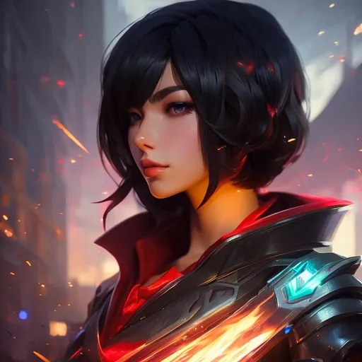 Prompt: upper torso portrait of league of legend's Fiora as a duelist, red and black hair, soft lighting, perfect composition, cinematic, video game trailer, dramatic, detailed painting, 8k, octane render, by makoto shinkai, stanley artgerm lau, wlop, rossdraws, concept art, digital painting, looking into camera,