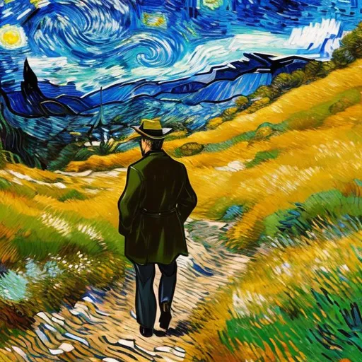 Prompt: A well-dressed man wandering in the mountains, peaceful atmosphere. Character by Hirohiko Araki. background in the mixed style of Vincent Van Gogh and Bob Ross.