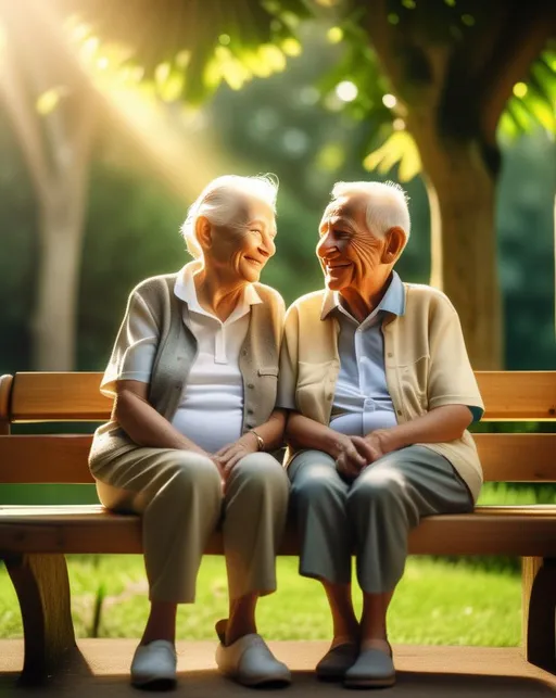 Prompt: A smiling elderly couple sits close together on a wooden bench surrounded by lush green nature. Wrinkled faces, Golden rays of sunshine light their faces. Shot on Fujifilm X-T4 with 56mm lens. Loving, nostalgic, heartwarming. ,(texture map) ,(normal map),(specular map) ,(displacement map)