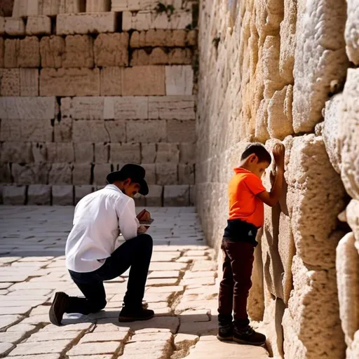 Prompt: A young person putting a note into the cracks of western wall of juresalam in israel. illustration color orange black and white 
