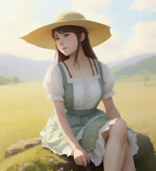 Prompt: A country styled girl in a meadow, sitting on a rock, with a sun hat, wearing a dress, perfect features, extremely detailed, realistic. Krenz Cushart + loish +gaston bussiere +craig mullins, j. c. leyendecker +Artgerm, 