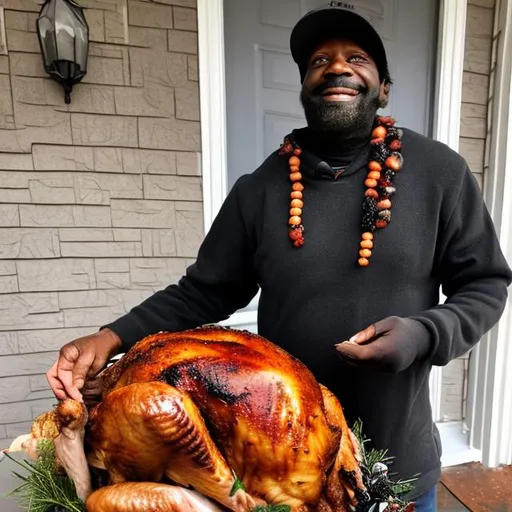 Prompt: black crackhead holding thanksgiving turkey