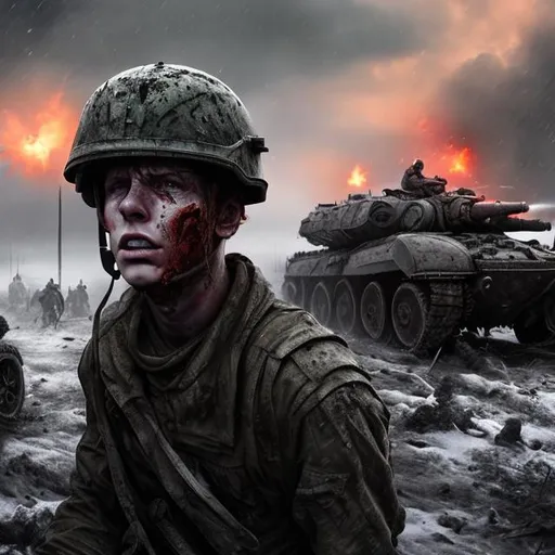 Prompt: Young men, battle ground, men have serious head injury, hyperrealistic, digital paint, 8k, angry face, wide angle, war vehicles in background, red weather, airforce 