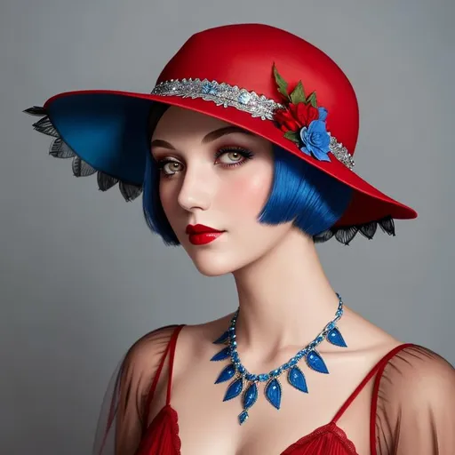 Prompt: a pretty girl  dressed in blue,  flapper, wearing a  large red hat 1920's era, bob hair cut, 1920's era makeup, facial closeup