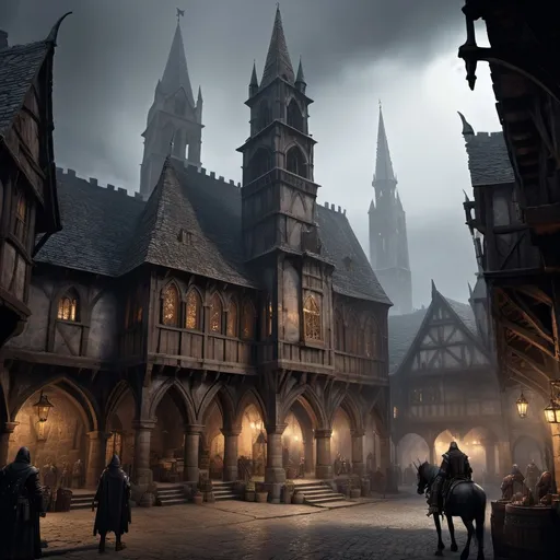 Prompt: Warhammer fantasy RPG style town hall in the middle of a square, medieval architecture, towering spires, weathered stone walls, intricate gothic details, bustling marketplace, high resolution, detailed, dark fantasy, atmospheric lighting, foggy ambiance, gothic, medieval, detailed stonework, bustling, mysterious, ominous lighting, rider on a horse